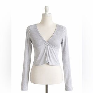 Bailey Rose Large Gray Smocked Crop Top Long Sleeve Button Front